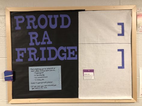 Proud RA Fridge Bulletin Residence Life Bulletin Boards, Resident Assistant Door Decs, Dorm Bulletin Boards, Res Life Bulletin Boards, Resident Assistant Bulletin Boards, Dorm Themes, College Bulletin Boards, Ra Themes, Bulletin Boards Theme