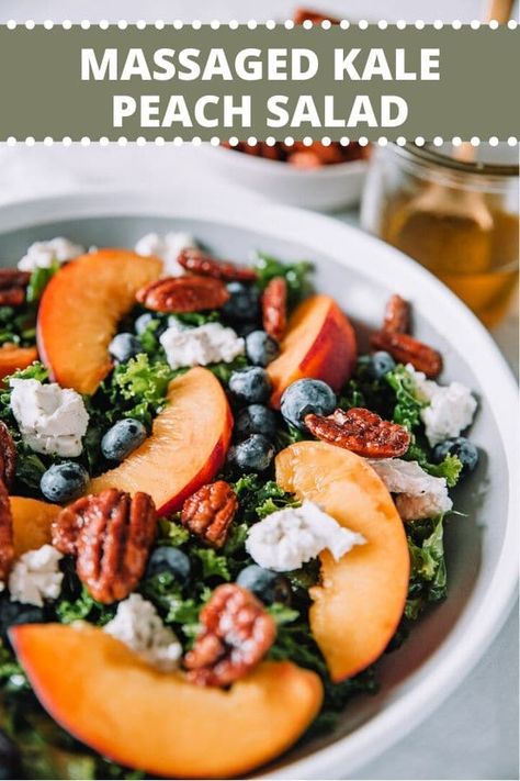 Kale Peach Salad, Salad With Candied Pecans, Candied Pecans For Salad, Basil Pesto Chicken, Kale Slaw, Kale Pasta, Massaged Kale, Peach Blueberry, Peach Salad