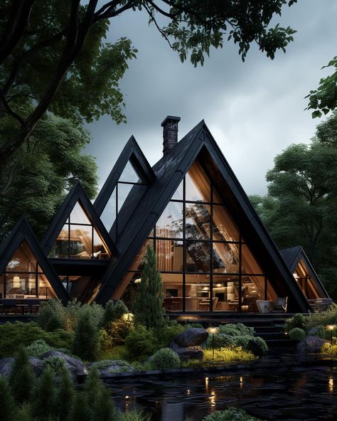 Design By Dorna (@aidesignbydorna) • Instagram photos and videos A Frame Forest House, Modern Aframe Houses, Modern Cabins In The Woods Architecture, Modern House Woods Forests, Luxury Aframe Cabin, Washington Cottage, Architecture Instagram, Cabin Modern, Vacation House Plans