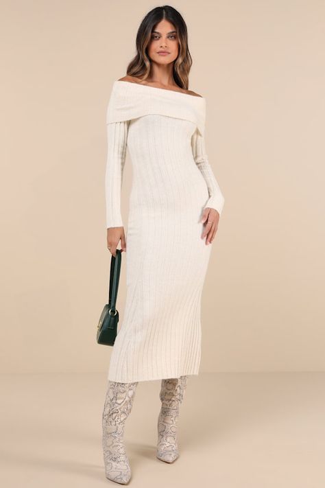 Effortless elegance meets cozy perfection in the Glamorous Snuggly Aura Cream Ribbed Off-the-Shoulder Sweater Maxi Dress! Soft and slightly fuzzy ribbed sweater knit shapes this modern dress with an off-the-shoulder neckline and a fold-over bodice, all framed by long sleeves. The figure-hugging silhouette continues into a column skirt with a chic maxi hem. Fit: This garment fits true to size. Length: Mid-calf length. Size medium measures 49" from shoulder to hem. Bust: Great for any cup size. Wa Cream Off Shoulder Dress, Off Shoulder Sweater Dress Outfit, Winter Engagement Photos Outfits Dresses, Winter Bachelorette Outfit, Winter Bridal Shower Outfit For Bride, Cream Knit Sweater Outfit, Fall Baby Shower Dress For Mom, Feminine Dresses Classy, Winter Dress To Impress