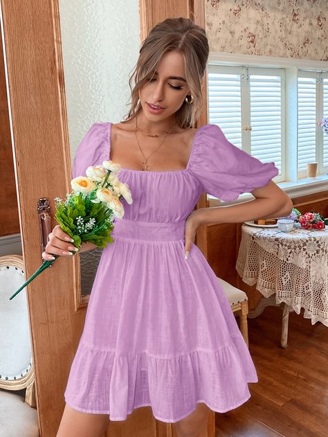 Lilac Purple Cute  Short Sleeve Polyester Plain A Line Embellished Non-Stretch Summer Women Dresses Purple Summer Dress, Vestido Shein, School Dance Dresses, Shein Brasil, Flounce Hem Dress, Shein Dress, Flounced Dress, Lilac Dress, Hoco Dresses