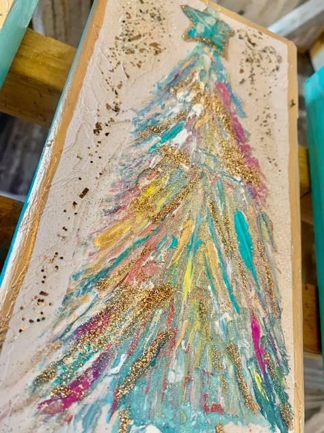 Painted Christmas Trees On Canvas, Art On Acrylic Sheet, Diy Painted Christmas Gifts, Christmas Presents Painting, How To Paint Christmas Trees Acrylic, Abstract Christmas Tree Painting, Christmas Plaster Art, Textured Christmas Painting, Diy Christmas Art Canvases