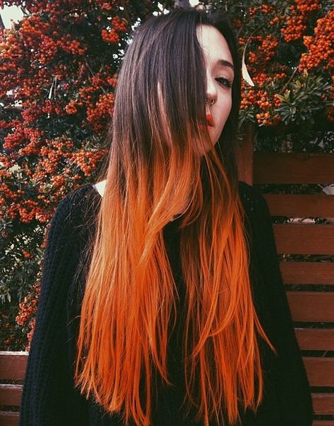 ☞ stonexxstone ☞stonexxstone.tumblr.com ☞ IG _jessiestone_ Dark Brown To Orange Ombre, Dip Dye Long Hair, Orange Dip Dye Hair, Brown Hair Orange Tips, Dyed Highlights, Nezuko Hair, Dip Dye Hair Brown, Orange And Brown Hair, Orange Hair Bright