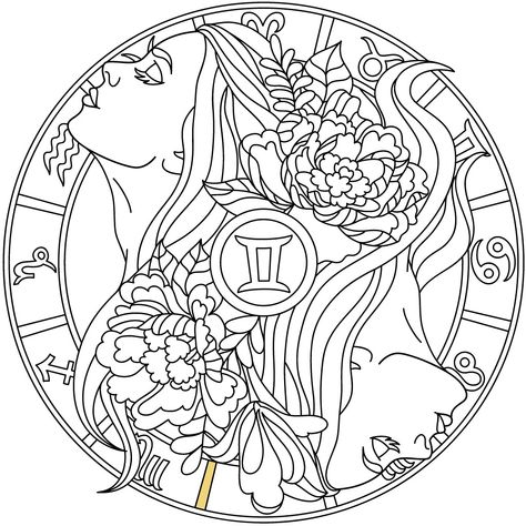 Zodiac Coloring Pages For Adults, Zodiac Colouring Pages, Zodiac Signs Coloring Pages, Gemini Coloring Pages, Gemini Art Tattoo, Gemini Drawing, Zodiac Coloring Pages, Zodiac Signs Colors, Witch Coloring Pages