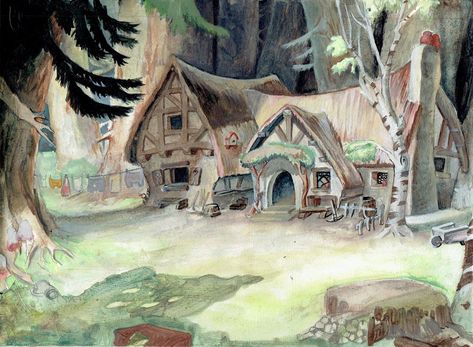 A Study Of The 7 Dwarves Cottage From Snow White, Tannie Duong Snow White Book, Snow White Cottage, Bird Brain, Animation Disney, Sette Nani, Snow White Disney, Disney Background, Walt Disney Animation Studios, Walt Disney Animation