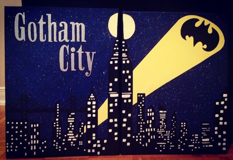 Gotham City Painting, Gotham City Decorations, City Canvas Painting, Gotham City Skyline, Batman Gotham City, New York Bedroom, Batman Diy, City Party, Batman Theme