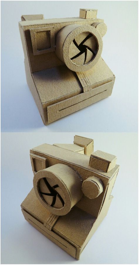 Diy cardboard Polaroid camera Cardboard Models Projects, Diy Cardboard Camera, Camera Sculpture, Cardboard Art Projects, Cardboard Camera, Cardboard Art Sculpture, Cake Boxes Packaging, Camera Polaroid, Cardboard Model