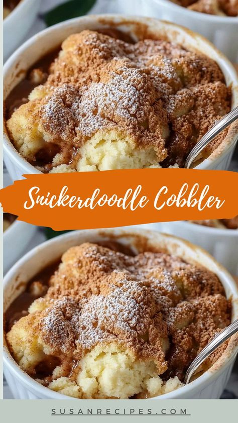 Gooey on the inside, golden and crispy on top—Snickerdoodle Cobbler is the ultimate dessert hug in a bowl! 🤗🥧 #DessertHug #WarmAndSweet #CinnamonCravings #FallFavorites #EasyBakingIdeas #CozyEats #HomemadeHappiness #SnickerdoodleStyle #CobblerCraze #SweetSimplicity Cozy Dessert Recipes, Warm Desserts Winter, Snickerdoodle Cobbler, Winter Sweets, Snickerdoodle Cookie, Warm Desserts, Christmas Desserts Easy, Autumn Evening, Fun Deserts