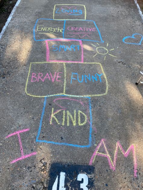 Sidewalk Chalk Affirmations, Chalk Hopscotch Ideas, Affirmation Hopscotch, Hopscotch Ideas, Chalk Quotes, School Library Book Displays, Hopscotch Game, Chalk Activities, Chalk Designs