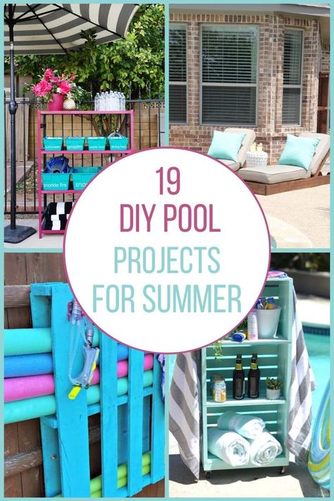 It's summertime and the living is easy – especially if you have a pool! We've put together a roundup of 19 awesome DIY pool projects that will help make pool life even easier. #diydanielle #diypoolprojects Outside Towel Holder Pool, Storing Pool Equipment, Pallet Projects For Pool Area, Above Ground Pool Shelf Diy, Pool Towel Organization Ideas, Diy Pvc Pool Float Storage, Pallet Towel Rack Pool, Towel Hanger For Pool Area, Pool Pole Storage Ideas