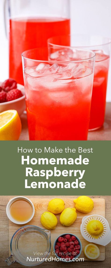 Refreshing (And Addictive) Raspberry Lemonade - Nurtured Homes Gallon Lemonade Recipe, Raspberry Lemonade Recipe, Peach Tea Recipe, Family Drinks, Lemonade Sangria, Homemade Lemonade Recipes, Summer Drinks Alcohol, Lemonade Concentrate, Christmas Pie