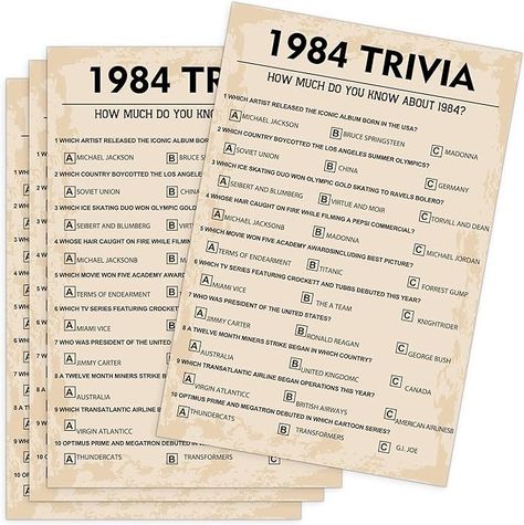 Amazon.com: 40th Birthday Party Games, 1984 Trivia Games, Birthday Party Supplies for Adults, Fun 1984s Party Game，Pack of 30 Cards : Home & Kitchen Birthday Placemats, 40th Birthday Party Games, Games Birthday Party, 1984 Birthday, 40th Birthday Party, Class Reunion, 40th Birthday Parties, Birthday Party Games, Trivia Games