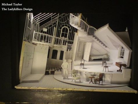 Model of Michael Taylor's design for The Ladykillers Chandelier Set Design, Theatre Set Design House, Rotating Set Design, Miniature Set Design, Set Design Model, Scenic Design Theatres, Scenography Theatre, Theatre Inspiration, Theatre Lighting