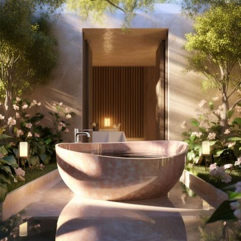 "Marble and granite/stone tubs are trending right now and for a good reason," says Stefan Bucur, founder of Rhythm of the Home. "These materials look exquisite, and they are higher quality than the average outdoor tub material. They also complement most types of outdoor surrounding areas very well because they offer a natural feel." For example, "What makes this particular outdoor tub special is that it is made of Marmo Rosa del Garda pink marble that offers a fantastic contrast with the entryway walls and the shiny walkway," says Stefan. "The irregular shape of the tub also creates a natural feel that blends in with the colorful botanical elements and takes advantage of the marble's solid yet soothing texture." Adding on to that advice, "Your outdoor tub should seamlessly fit into its env Stone Soaking Tub, Rose Quarts Bathtubs, Stone Tub Lowe's, Stone Freestanding Tub, Natural Stone Bathtub, Stone Tub, Soaking Tubs, East Coast Style, Outdoor Bathtub