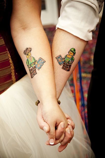 10 year wedding gift. |  unusual couple tattoo ideas Lego Tattoo, Couple Tat, Finger Tattoos For Couples, Lego Wedding, Tattoos Infinity, Tattoos Geometric, Custom Tattoo Design, Tattoos For Kids, Lego Art