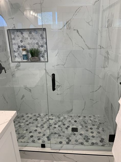 Walk In Shower With Hexagon Tile, Large Rectangular Tile Shower Ideas, Marble Stand Up Shower Ideas, Marble Walk In Shower Ideas Farmhouse, Large Walk In Showers Master Suite Tile, Master Shower Tile Ideas Modern, Shower Tile Ideas 2023, Large Shower Tile Ideas Wall, Bathroom Remodel Shower Tile