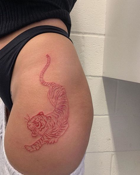 Tiger Red Tattoo, Red Bee Tattoo, Year Of The Tiger Tattoo For Women, Red Rib Tattoo, Tiger Rib Tattoo, Red Lion Tattoo, Red Tiger Tattoo, Tiger Tattoo Thigh, Hawaii Tattoo