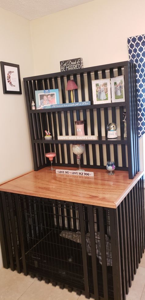 Shelf Over Dog Crate, Dog Kennel Storage Ideas, Dog Crate Disguise, Night Stand Dog Crate, Hidden Dog Crate Furniture, Dog Crate Under Desk, Wire Dog Crate Makeover, Dog Crate Bookshelf, Dog Cage Decoration Ideas