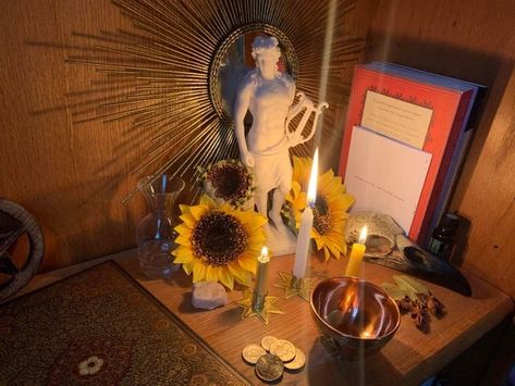 Apollo Deity Witchcraft, Greek God Altar, Hellenic Polytheism Altar, Hellenism Altar, Apollo Witchcraft, Hellenic Altar, Apollo Altar Ideas, Apollo Shrine, Apollo Deity