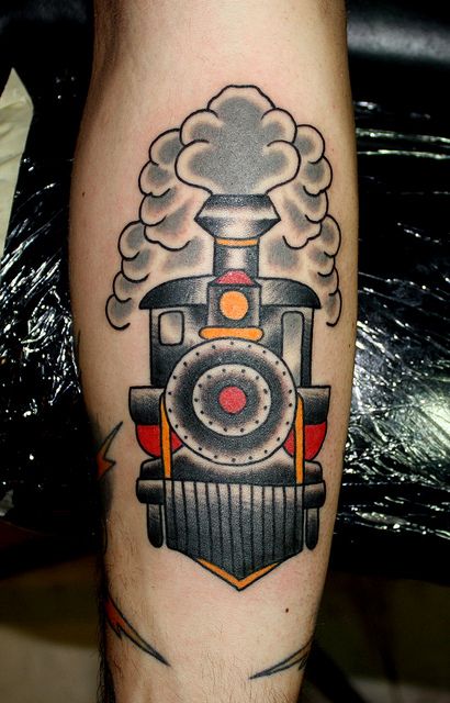 I've wanted a train tat for a while. Even though it's simple, I love this one. train tattoo by Myke Chambers Tattoos, via Flickr Steam Train Tattoo, Train Tattoos, Small Japanese Tattoo, Train Tattoo, Tattoo Quotes For Men, Traditional Tattoo Inspiration, Traditional Tattoo Sleeve, Flag Tattoo, Old School Tattoo Designs