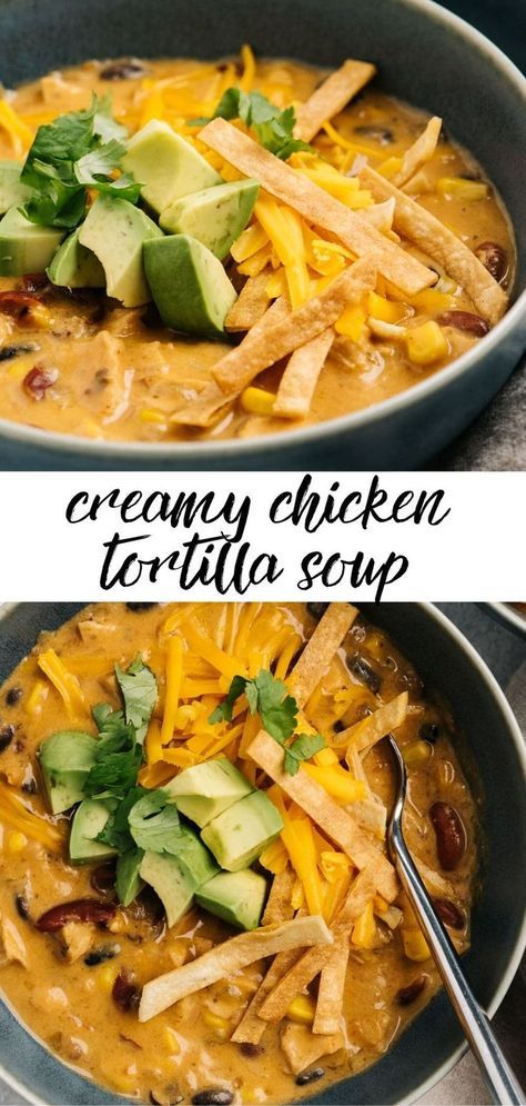 corn on This Creamy Chicken Tortilla Soup is loaded with tender chicken corn beans fajita seasoni Tortilla Soup Easy, Creamy Chicken Tortilla Soup, Chicken Tortilla Soup Easy, Chicken Tortillas Soups Recipe, Tortilla Soup Recipe, Instant Pot Soup, Chicken Tortilla Soup, Chicken Tortilla, Tortilla Soup