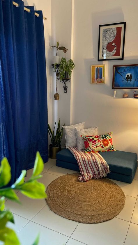 sunshine_window on Instagram: Curtains from @shadecor . . .#rentaldecor #bedroomdecor #aesthetic #bedroominspiration #bedroomgoals #bedroomideas #bedroomsofinstagram… Living Room With Blue Curtains, Sunshine Window, Apartment Rustic, O J Simpson, All White Room, Indian Room, Window Curtains Living Room, Indian Room Decor, Indian Bedroom Decor