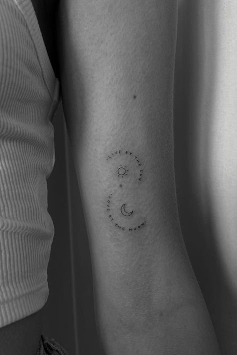 38 Amazing Small Sun and Moon Tattoo Ideas Dainty Sun Moon And Stars Tattoo, Birthday Moon Tattoo, To The Moon And Stars Tattoo, Moon With Date Tattoo, Ankle Tattoo Sun And Moon, Fine Line Moon And Sun Tattoo, Moon And The Stars Tattoo, Fine Line Sun Moon Tattoo, Sun Moon Fine Line Tattoo