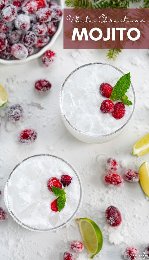 A White Christmas Mojito combines the zesty flavors of lime and mint with the tropical notes of coconut and rum. Then, this bubbly drink is garnished with sugared cranberries for a sweet and festive touch. It’s a perfect cocktail and adult beverage to serve at all of your holiday parties! Coconut Holiday Drink, Coconut Christmas Mojito, Coconut Rum Christmas Drinks, Christmas Mojito Holiday Cocktails, Peppermint Mojito, Christmas Mojitos, White Mojito, Christmas Mojito Recipe, Holiday Mojito