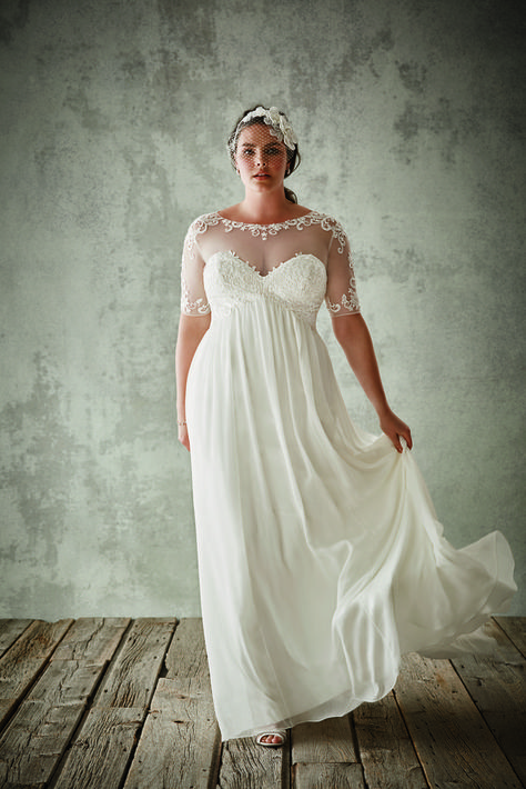 David's Bridal Chiffon Sheath With Illusion Sleeves ($649)                  Image Source: David's Bridal Davids Bridal Plus Size, Empire Waist Wedding Dress, Illusion Sleeves, Plus Size Brides, Plus Size Wedding Dresses, Bridal Attire, Plus Size Wedding Gowns, Kebaya Muslim, Plus Size Bride