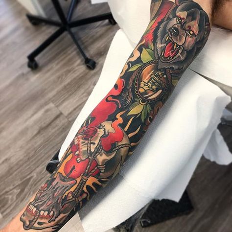 Neo-traditional style full-sleeve tattoo Traditional Style Sleeve, Neo Traditional Sleeve Tattoo, Neo Traditional Sleeve, Traditional Sleeve Tattoo, Traditional Arm Tattoo, A Sleeve Tattoo, Neo Traditional Tattoos, Christian Sleeve Tattoo, Full Tattoo