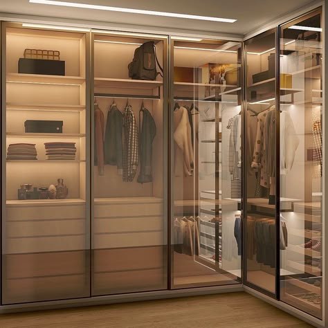 Quarto com closet, closet pequeno, closet planejado, closet simples, closet sofisticado, closet iluminado, closet decorado, quarto planejado, quarto decorado, vidro reflecta, guarda roupa vidro reflecta, cabideiro de led Led Closet, Spring Bright, Dream Closet Design, Closet Design Layout, Luxury Closets Design, Men Closet, Wardrobe Design Bedroom, Dream Apartment, Wardrobe Design