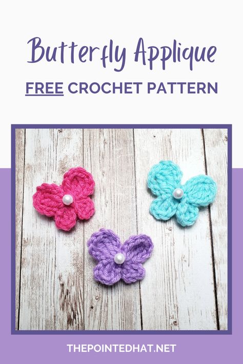 This FREE crochet butterfly applique pattern measures approx 1" x 1" in size when completed. It takes only a few yards of yarn, and works up in less than 5 minutes. Simple Crochet Applique, Mini Crochet Butterfly Free Pattern, Crochet Tiny Flower Free Pattern, Free Crochet Butterfly Pattern, Butterfly Applique Pattern Free, Butterfly Applique Pattern, Easy Crochet Butterfly, Crochet Butterfly Applique, Amigurumi Birds