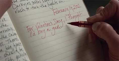 A scene from "Gone Girl", the 2014 David Fincher movie, with protagonist Amy Elliott Dunne writing on her diary on Valentine's day. She writes: "For Valentine's day, I thought I'd buy a gun" Amy Dunne, Beautiful Cinematography, Dutch Angle, David Fincher, Extreme Close Up, It's Always Sunny In Philadelphia, I Love Cinema, Gone Girl, Film Stills