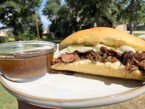 Venison French Dip Crockpot, Venison French Dip Sandwich, Venison Recipes Crockpot, Slow Cooker Venison, French Dip Crock Pot, Au Jus Recipe, Living In Texas, Venison Roast, Deer Recipes