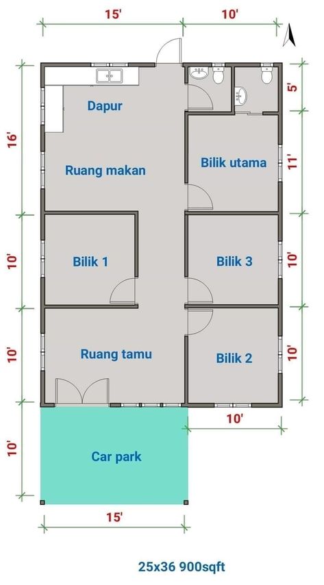 Plan Rumah 3 Bilik, 3 Bedroom Apartment Floor Plan, Apartment Floor Plans Luxury, Pelan Rumah Kecil, Pelan Lantai Rumah, Hiasan Dalaman Rumah, Guest House Plans, Pelan Rumah, Small House Layout