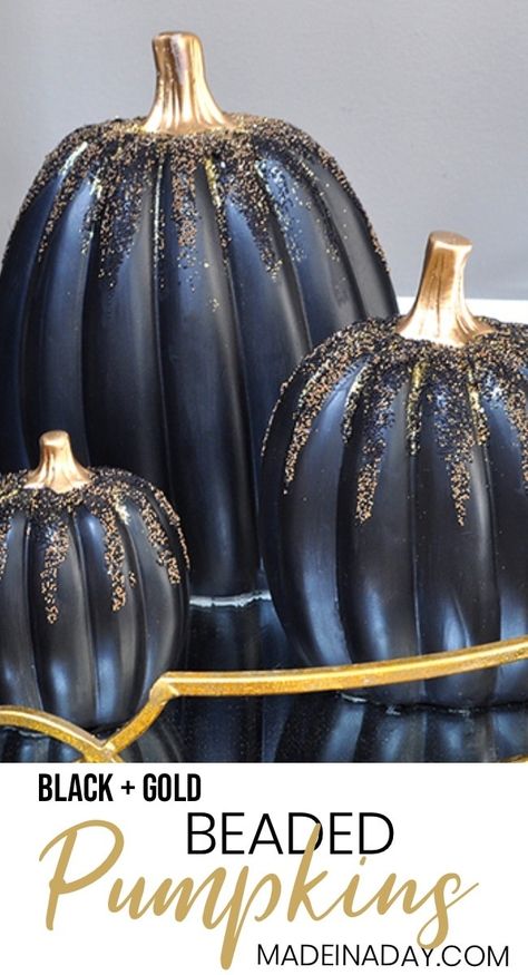 Gold and Black Beaded Pumpkins, haunted black gold Halloween entryway tour, Crystal ball, Gold Skeleton, victorian fringe, flying witch, gold black Halloween #sponsored #blackpumpkin #pumpkin #Fallpumpkin #Beadedpumpkin #glitterpumpkin #Halloweendecor #halloweendecorations #DIYpumpkins #blackgoldHalloween Black Pumpkin Painting, Black Pumpkin Painting Ideas, Pumkin Ideas, Black Pumpkins, Halloween Entryway, Pumpkin Painting Ideas, Halloween Pumpkins Painted, Vintage Halloween Costume, Gold Pumpkins