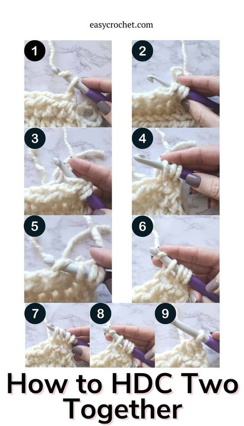 Double Crochet Two Together, Hdc Crochet, Crochet Step By Step, Half Double Crochet Decrease, Crochet Stitches Symbols, Interweave Crochet, Double Crochet Decrease, Half Double Crochet Stitch, Crochet Stitches Guide