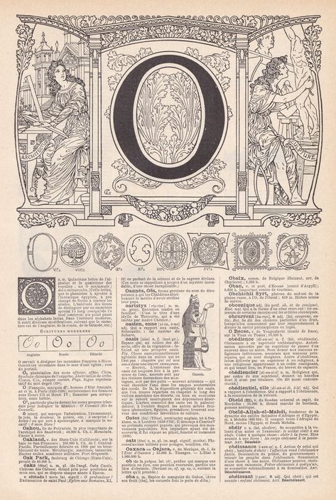 Original French Print from Encyclopedia LAROUSSE Nouveau Larousse illustré Paris Edition LETTER O This is an Original Print/Book Page From the Vintage Encyclopedia  Nouveau Larousse illustré Paris Edition 1922 How good will this look framed! 29 x 20 cm approximately  Condition Very Good. some small bumping around the outer margins with the main image very good and will look great when matted or mounted but please check last image for full detailed page scan which gives best idea of overall condi Vintage Encyclopedia, French Alphabet, Pretty Handwriting, Bug Print, Graphic Design Fonts, Letter O, Print Book, Book Page, Antique Prints