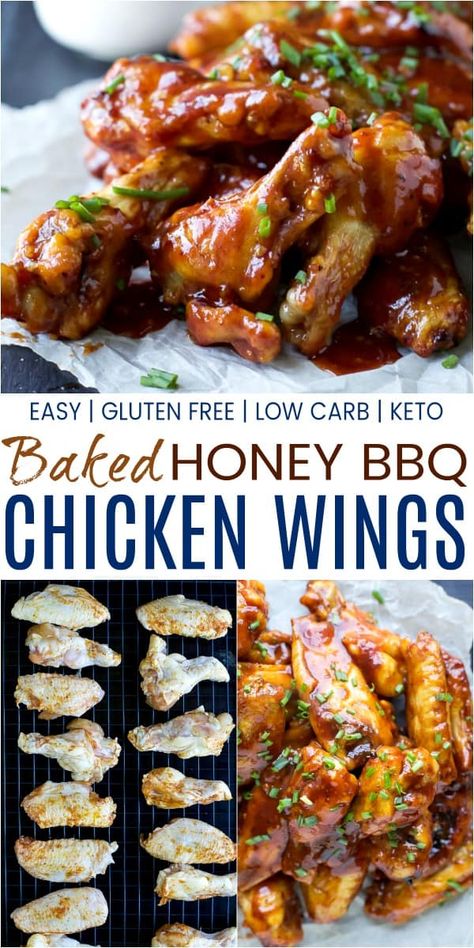 Crispy Baked BBQ Chicken Wings - baked instead of fried these classic chicken wings are crispy, tender and smothered in a sweet 'n spicy Honey BBQ Sauce! The perfect game day appetizer recipe! #chickenwings #appetizers #buffalochicken #footballfood Baked Honey Bbq Chicken, Baked Bbq Chicken Wings, Bbq Wings Recipe, Honey Bbq Chicken Wings, Honey Bbq Wings, Crispy Baked Chicken Wings, Honey Bbq Chicken, Bbq Chicken Wings, Honey Barbecue