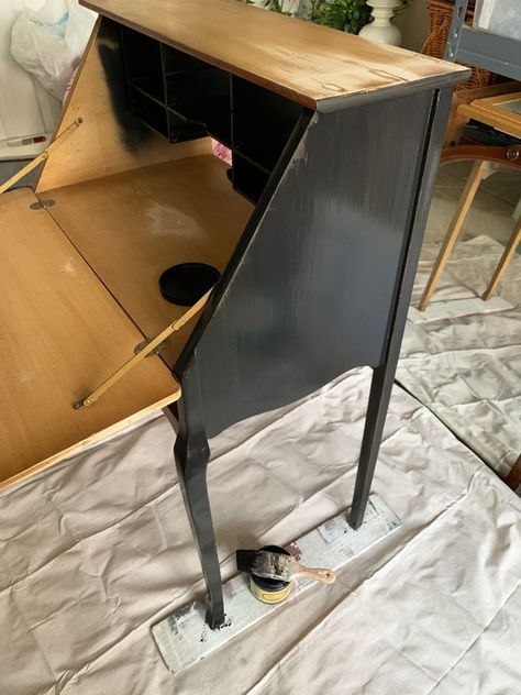 Black Painted Secretary Desk, Small Secretary Desk Makeover, Repurpose Secretary Desk, Old Secretary Desk Makeover, Black Secretary Desk, Painted Secretary Desk Ideas, Repurposed Secretary Desk, Vintage Secretary Desk Makeover, Secretary Desk Makeover Ideas