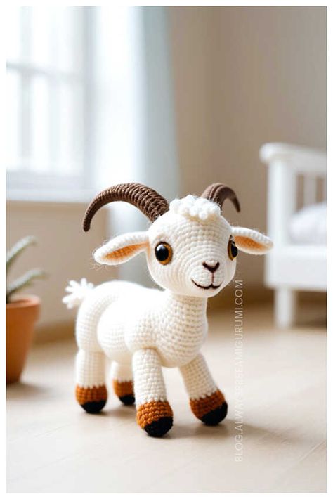 Amigurumi Goat Crochet Free Pattern Crochet Goats Free Pattern, Crochet Lamb Free Pattern, Crochet Sheep Free Pattern, Goat Crochet, Crochet Cows, Crochet Lamb Pattern, Crochet Farm Animals, Crochet Sheep, Crochet Cow