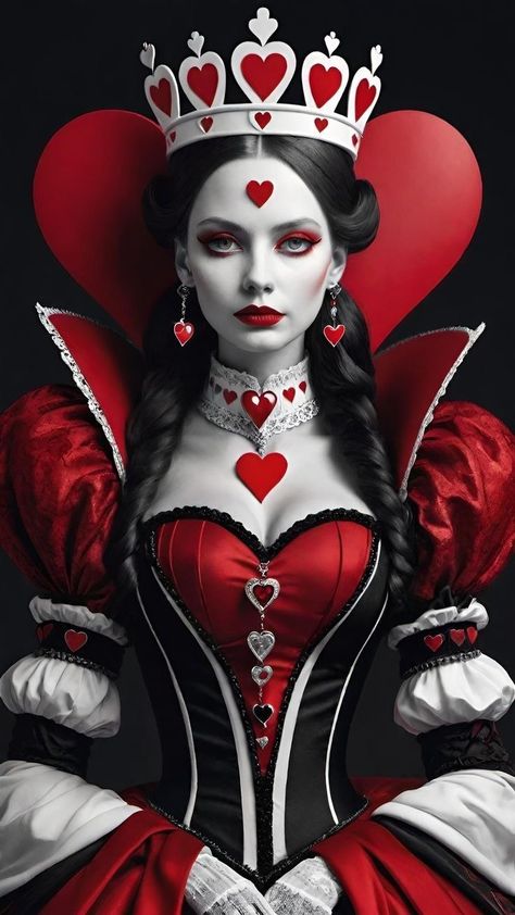 Queen Of Hearts Alice In Wonderland Art, Dark Queen Of Hearts Costume, Queen Of Cards Costume, Gothic Queen Of Hearts, Red Queen Aesthetic, Queen Of Hearts Aesthetic, King And Queen Tattoo, 3 Hearts Tattoo, Queen Of Hearts Tattoo