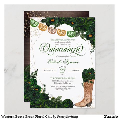 Western Quinceanera Ideas, Charro Quinceanera Theme, Wedding Invitation Text Message, Emerald Green Quinceanera Theme, Green Quinceanera Theme, Mexican Invitations, Quinceanera Pictures, Wedding Invitation Pdf, Wedding Invitation Message