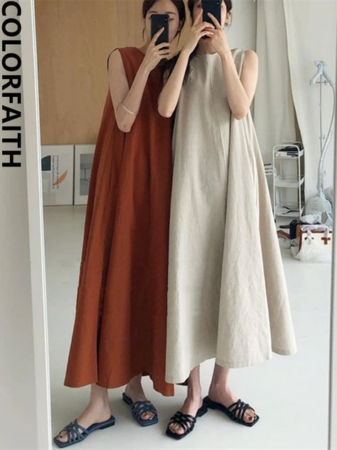 Smarter Shopping, Better Living! Aliexpress.com Long Skirt Casual, A Line Long Dress, Linen Midi Dress, Round Neck Dresses, Loose Dress, Retro Stil, Evening Attire, Chic Woman, Glamorous Evening Gowns