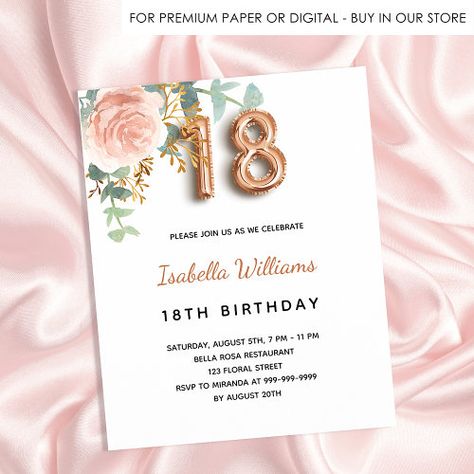 $0.4 - 18th birthday rose gold floral budget invitation - rose gold, 18th eighteenth birthday party, 18 years old eighteen, watercolored flower floral, blush pink, eucalyptus, greenery, elegant, budget 18th birthday party invitation, girl Gold Eucalyptus, Birthday Rose Gold, Greenery Invitation, Eighteenth Birthday, Rose Gold Invitations, Birthday Roses, Invitation Flyer, Birthday Party Invitation Templates, Eucalyptus Greenery