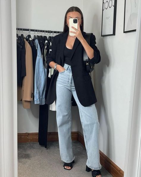 Katie || Minimalist Style on Instagram: "Last nights outfit for bday celebrations & some saturday night outfit inspo ☁️ - bodysuit is @becauseofalice - jeans @hm - blazer @fuchsia.shaw #blazerstyle #blazeroutfit #oversizedblazer #neutraloutfit #chicoutfits #minimaloutfit #minimaloutfits #chicstyle #weekendoutfit #girlsnightoutfit #datenightoutfit #neutralstyle #transitionalfashion #autumnoutfit #denimstyle #capsulewardrobe #widelegjeans #inspodaily #outfitdaily"