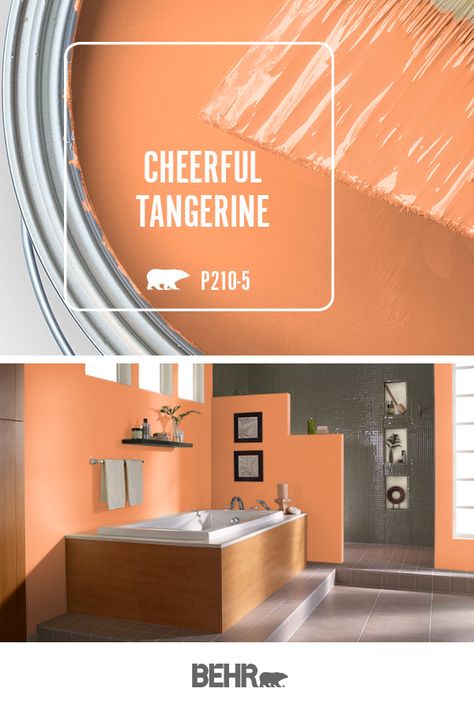 Behr Paint in Cheerful Tangerine brings a mood boosting pop of color to this modern master bathroom. This bright orange hue is a fun way to freshen up the interior design of any space in your home. Click below for full color details to learn more. Diy Home Makeover, Guava Jelly, Colorful Bathroom, Interior Paint Colors Schemes, Behr Paint Colors, Best Kitchen Cabinets, Behr Paint, Kitchen Cabinets Makeover, Room Paint Colors