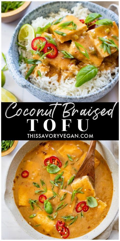 This Coconut Braised Tofu is the perfect weeknight dinner. Tofu is browned, then braised in a creamy sauce - serve over hot rice | ThisSavoryVegan.com #thissavoryvegan #braisedtofu #coconutmilkrecipes Coconut Caramel Braised Tofu, Tofu With Coconut Milk, Coconut Lime Tofu, Tofu And Coconut Milk Recipes, Coconut Milk Tofu, Tofu And Rice Recipes, Coconut Tofu Recipes, Braised Tofu Recipe, Veggie Lunches