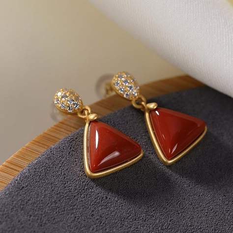 Triangle Shape Red Agate Gilding Earrings – IDREAMMART Pearl Knotting, Gold Earrings For Kids, Small Earrings Gold, Coral Jewelry Set, Triangle Jewelry, Red Coral Earrings, Stone Bead Jewelry, Diamond Wedding Jewelry, Pearl Jewelry Design