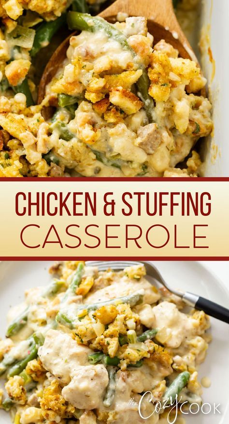 chicken and stuffing casserole with green beans, served in a casserole dish. Food Ideas For Dinner Chicken, Cottagecore Cooking, Halloween Food Ideas For Dinner, Casserole Dinners, Food Ideas For Dinner, Chicken Stuffing Casserole, Chicken And Stuffing, Cozy Cook, Chicken Green Beans